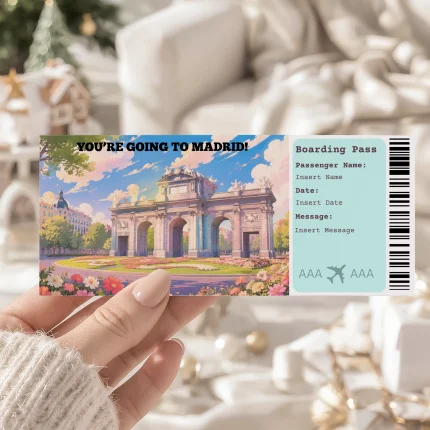 Editable Madrid Boarding Pass Template: Trip Surprise Gift Ticket (Instand Download)