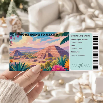 Editable Mexico Boarding Pass Template, Mexico Surprise Gift Ticket, Printable Plane Ticket, Printable getaway voucher, Surprise Travel Reveal, Flight Ticket, Canva Template, teotihuacán mexico