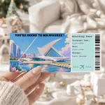Editable Milwaukee Boarding Pass Template, Milwaukee Surprise Gift Ticket, Printable Plane Ticket, Printable getaway voucher, Surprise Travel Reveal, Flight Ticket, Canva Template, Milwaukee Art Museum