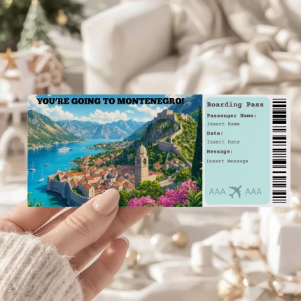 Editable Montenegro Boarding Pass Template: Trip Surprise Gift Ticket (Instand Download)