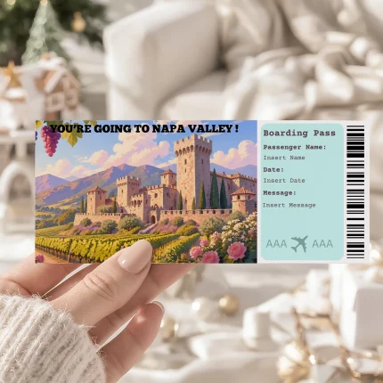 Editable Napa Valley Boarding Pass Template, Napa Valley Surprise Gift Ticket, Printable Plane Ticket, Printable getaway voucher, Surprise Travel Reveal, Flight Ticket, Canva Template, Castello di Amorosa