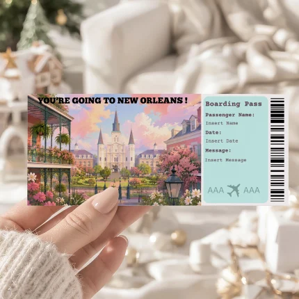 Surprise! You can use it as a surprise New Orleans trip reveal, a fake plane ticket, a boarding pass ticket, a vacation reveal, a trip announcement, a scrapbook addition, a last minute gift, and more.