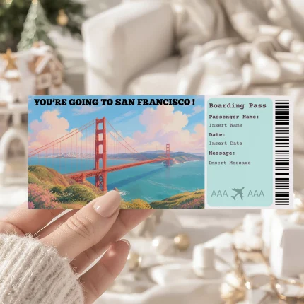 Editable San Francisco Boarding Pass Template, San Francisco Surprise Gift Ticket, Printable Plane Ticket, Printable getaway voucher, Surprise Travel Reveal, Flight Ticket, Canva Template, Golden Gate Bridge