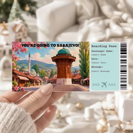 Editable Sarajevo Boarding Pass Template: Trip Surprise Gift Ticket (Instand Download)