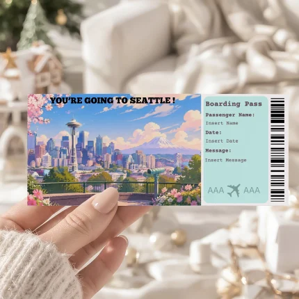Editable Seattle Boarding Pass Template, Seattle Surprise Gift Ticket, Printable Plane Ticket, Printable getaway voucher, Surprise Travel Reveal, Flight Ticket, Canva Template, Kerry Park Seattle