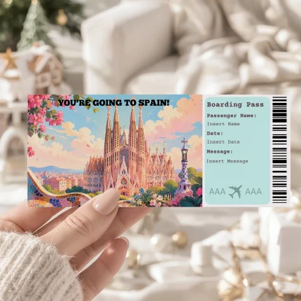Editable Spain Boarding Pass Template: Trip Surprise Gift Ticket (Instand Download)