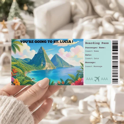 Editable St. Lucia Boarding Pass Template, St. Lucia Surprise Gift Ticket, Printable Plane Ticket, Printable getaway voucher, Surprise Travel Reveal, Flight Ticket, Canva Template, the pitons st lucia