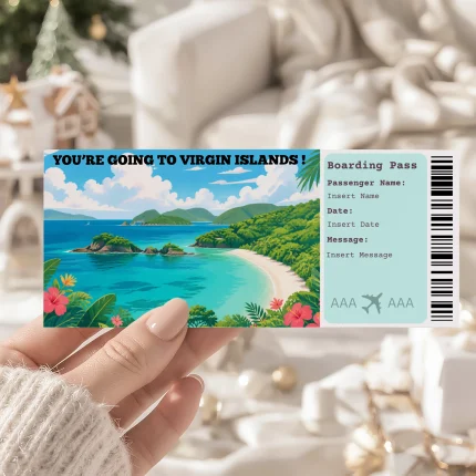 Editable Virgin Islands Boarding Pass Template, Virgin Islands Surprise Gift Ticket, Printable Plane Ticket, Printable getaway voucher, Surprise Travel Reveal, Flight Ticket, Canva Template, Trunk Bay