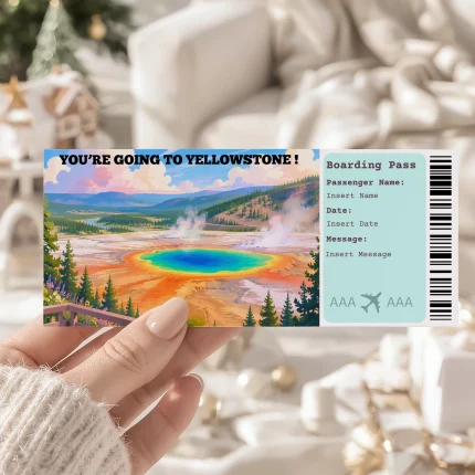 Surprise! You can use it as a surprise Yellowstone trip reveal, a fake plane ticket, a boarding pass ticket, a vacation reveal, a Yellowstone trip announcement, a scrapbook addition, a last minute gift, and more.
